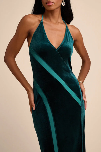 Luxe Emerald Green Velvet Halter Maxi Dress with Asymmetric Detail and High Side Slit: Prom Dress