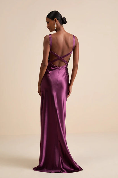 Luxe Plum Satin Slip Maxi Dress with Cross-Back Design and Train, Formal Bridesmaid Dresses