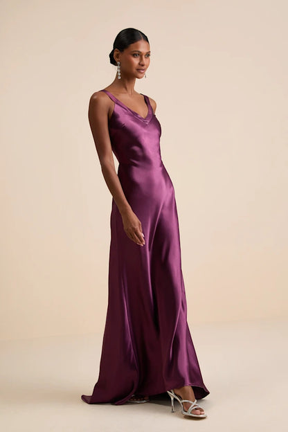 Luxe Plum Satin Slip Maxi Dress with Cross-Back Design and Train, Formal Bridesmaid Dresses