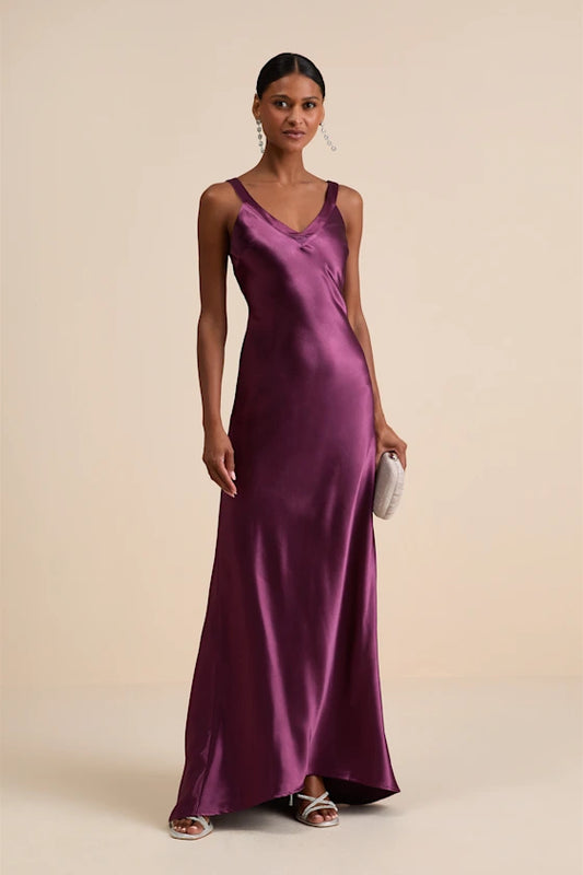 Luxe Plum Satin Slip Maxi Dress with Cross-Back Design and Train, Formal Bridesmaid Dresses