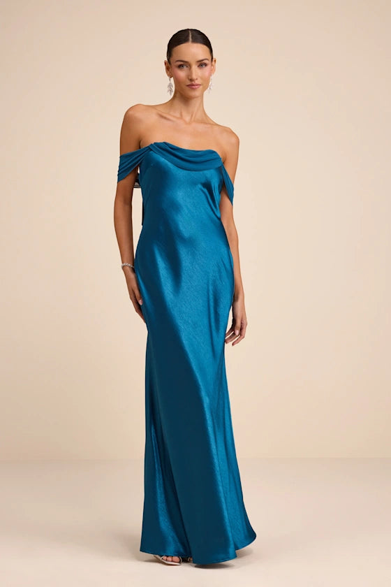 Luxe Teal Satin Off-the-Shoulder Maxi Dress with Open Back and Tie Detail, Formal Evening Dresses