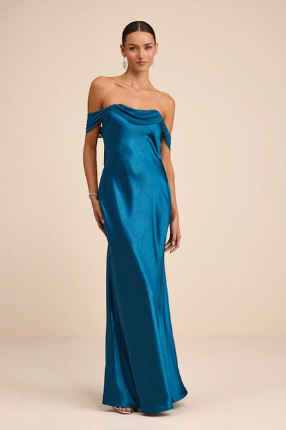 Luxe Teal Satin Off-the-Shoulder Maxi Dress with Open Back and Tie Detail, Formal Evening Dresses