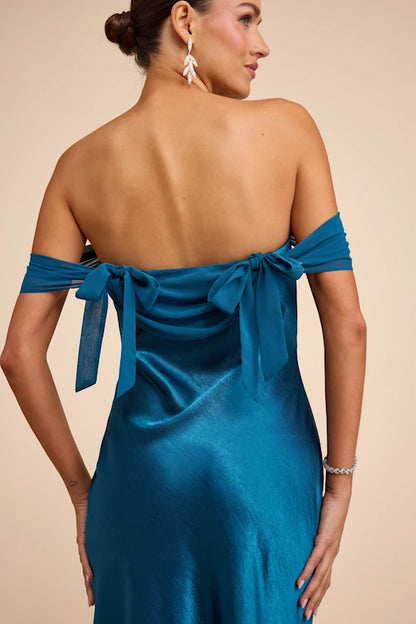 Luxe Teal Satin Off-the-Shoulder Maxi Dress with Open Back and Tie Detail, Formal Evening Dresses