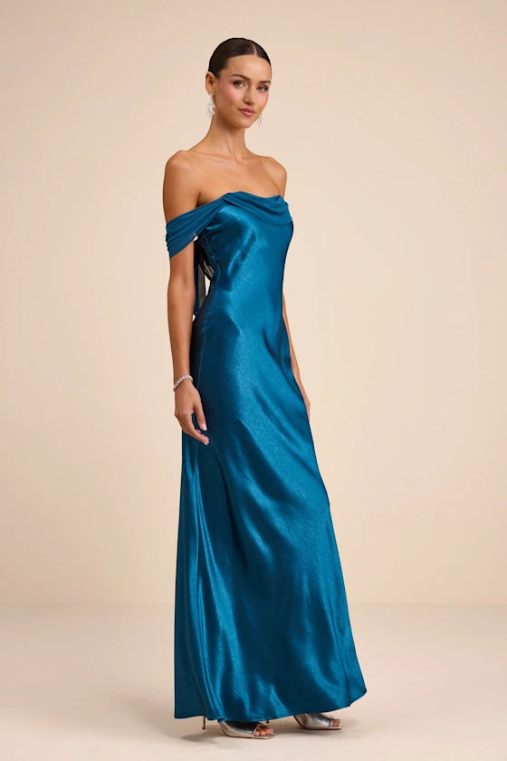 Luxe Teal Satin Off-the-Shoulder Maxi Dress with Open Back and Tie Detail, Formal Evening Dresses