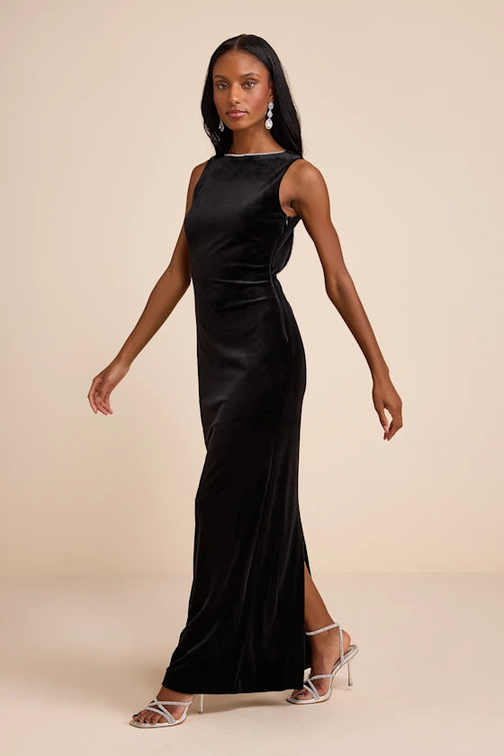 Luxurious Black Velvet Maxi Dress with Crystal Trim and Open Back, Formal Evening Dresses