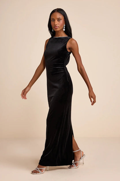 Luxurious Black Velvet Maxi Dress with Crystal Trim and Open Back, Formal Evening Dresses