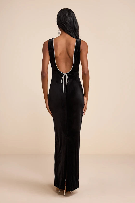 Luxurious Black Velvet Maxi Dress with Crystal Trim and Open Back, Formal Evening Dresses