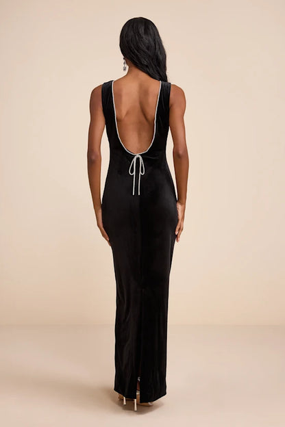 Luxurious Black Velvet Maxi Dress with Crystal Trim and Open Back, Formal Evening Dresses