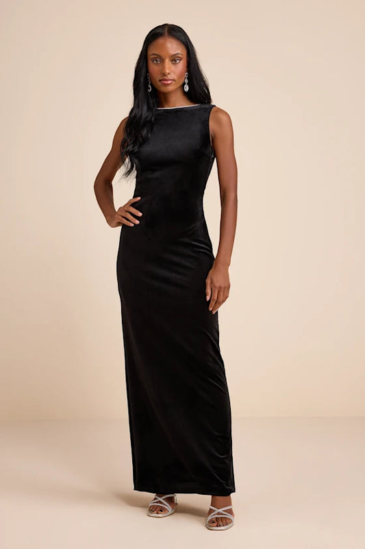 Luxurious Black Velvet Maxi Dress with Crystal Trim and Open Back, Formal Evening Dresses