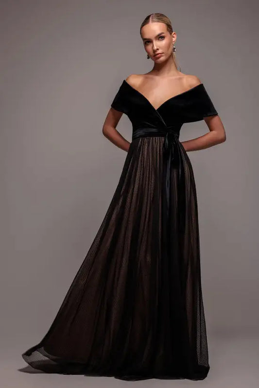 Luxurious Black Velvet Off-the-Shoulder V-Neck Gown with Dotted Tulle A-Line Skirt and Sash Tie, Prom Dress