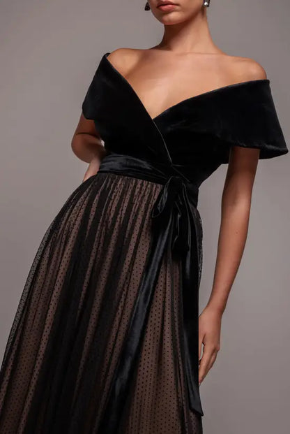 Luxurious Black Velvet Off-the-Shoulder V-Neck Gown with Dotted Tulle A-Line Skirt and Sash Tie, Prom Dress