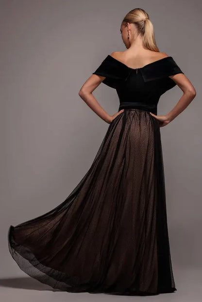 Luxurious Black Velvet Off-the-Shoulder V-Neck Gown with Dotted Tulle A-Line Skirt and Sash Tie, Prom Dress