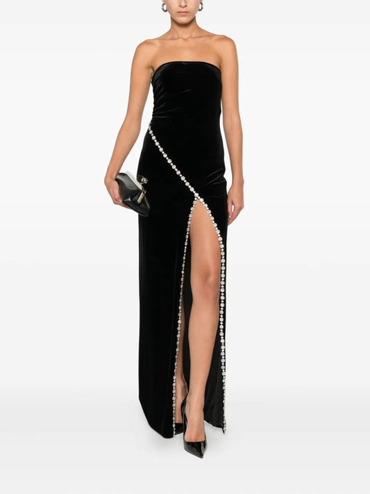 Luxurious Black Velvet Strapless Crystal-Trim Slit Evening Dress