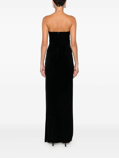 Luxurious Black Velvet Strapless Crystal-Trim Slit Evening Dress