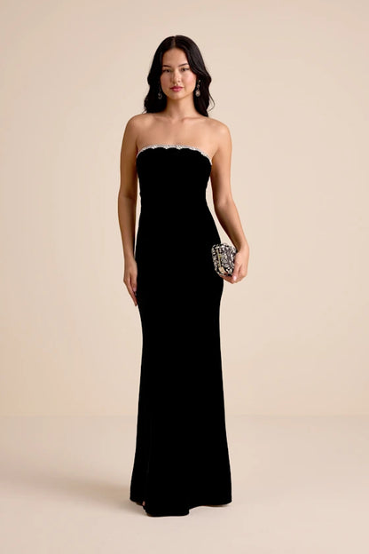 Luxurious Black Velvet Strapless Mermaid Gown with Crystal Trim, Formal Evening Dresses