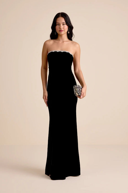 Luxurious Black Velvet Strapless Mermaid Gown with Crystal Trim, Formal Evening Dresses