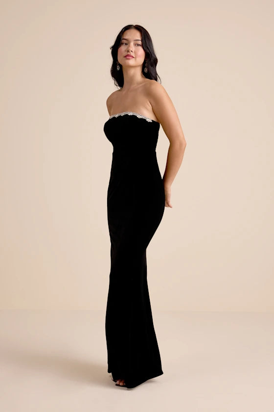 Luxurious Black Velvet Strapless Mermaid Gown with Crystal Trim, Formal Evening Dresses