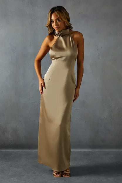 Luxurious Champagne Satin Halter Neck Maxi Dress with 3D Floral Detail and Open Back, Prom Dress