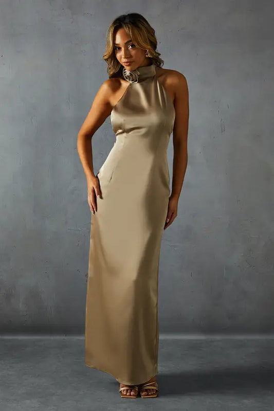Luxurious Champagne Satin Halter Neck Maxi Dress with 3D Floral Detail and Open Back, Prom Dress