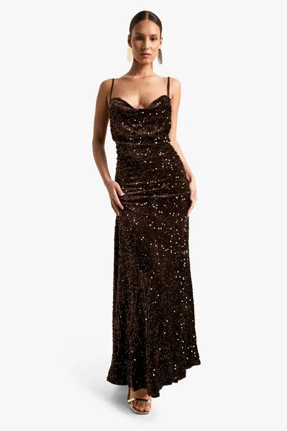 Luxurious Chocolate Brown Sequin Cowl Neck Maxi Dress with Ruched Bodice and Open Cross-Back Detail, Prom Dress