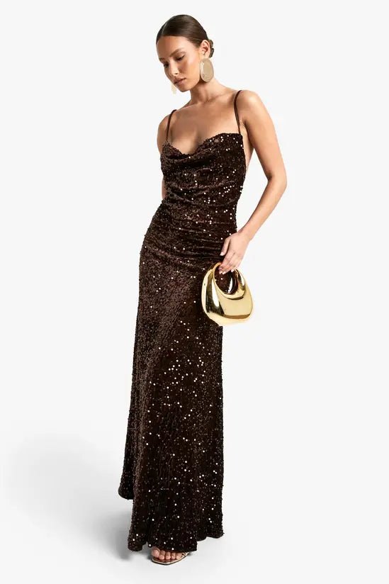 Luxurious Chocolate Brown Sequin Cowl Neck Maxi Dress with Ruched Bodice and Open Cross-Back Detail, Prom Dress