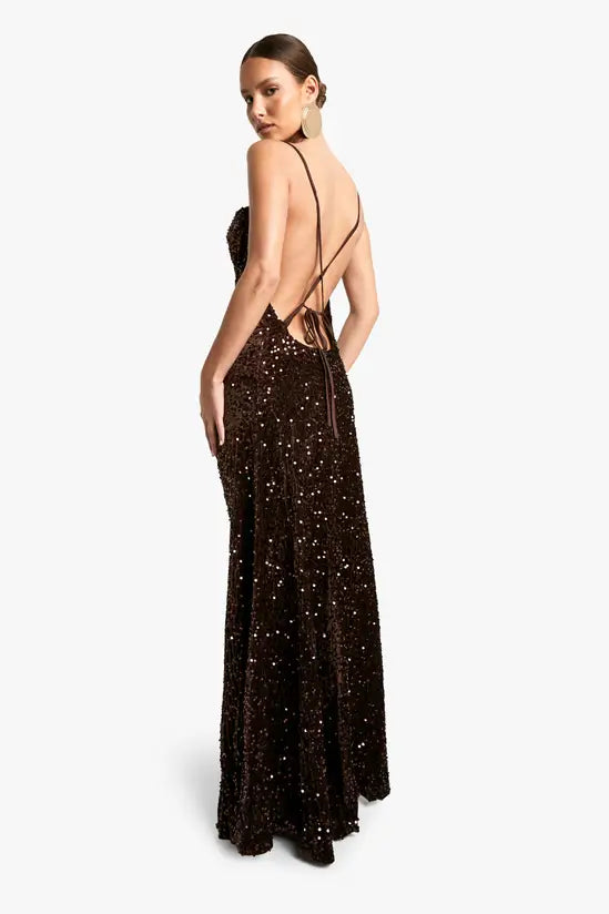 Luxurious Chocolate Brown Sequin Cowl Neck Maxi Dress with Ruched Bodice and Open Cross-Back Detail, Prom Dress