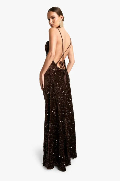Luxurious Chocolate Brown Sequin Cowl Neck Maxi Dress with Ruched Bodice and Open Cross-Back Detail, Prom Dress