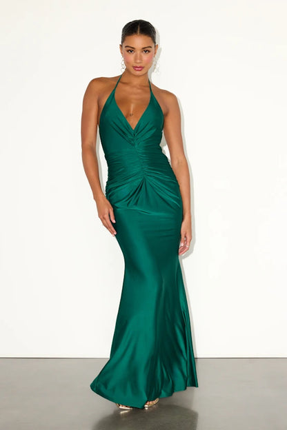 Luxurious Emerald Green Satin Halter Mermaid Gown with Ruched Detail: Prom Dress