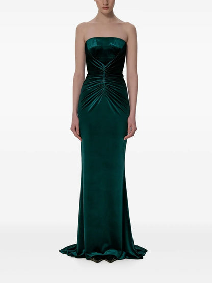 Luxurious Emerald Green Velvet Strapless Ruched Prom Dress