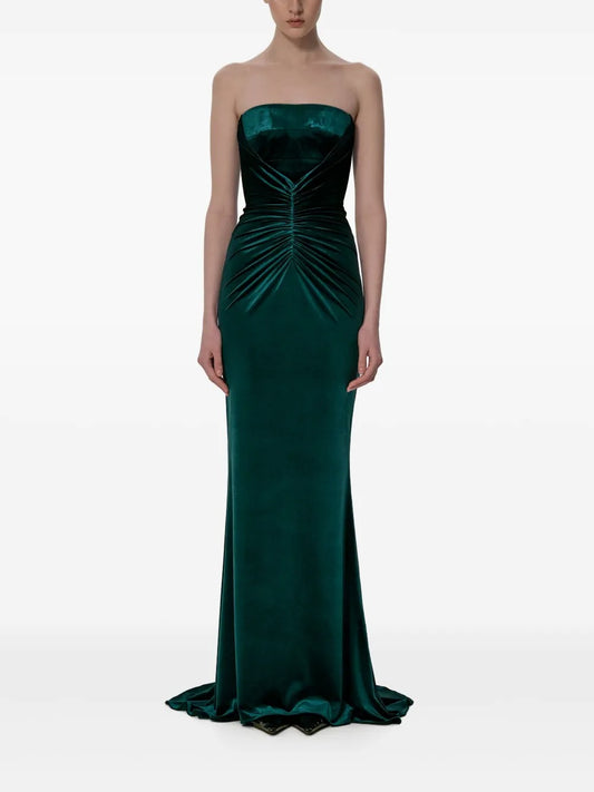 Luxurious Emerald Green Velvet Strapless Ruched Prom Dress