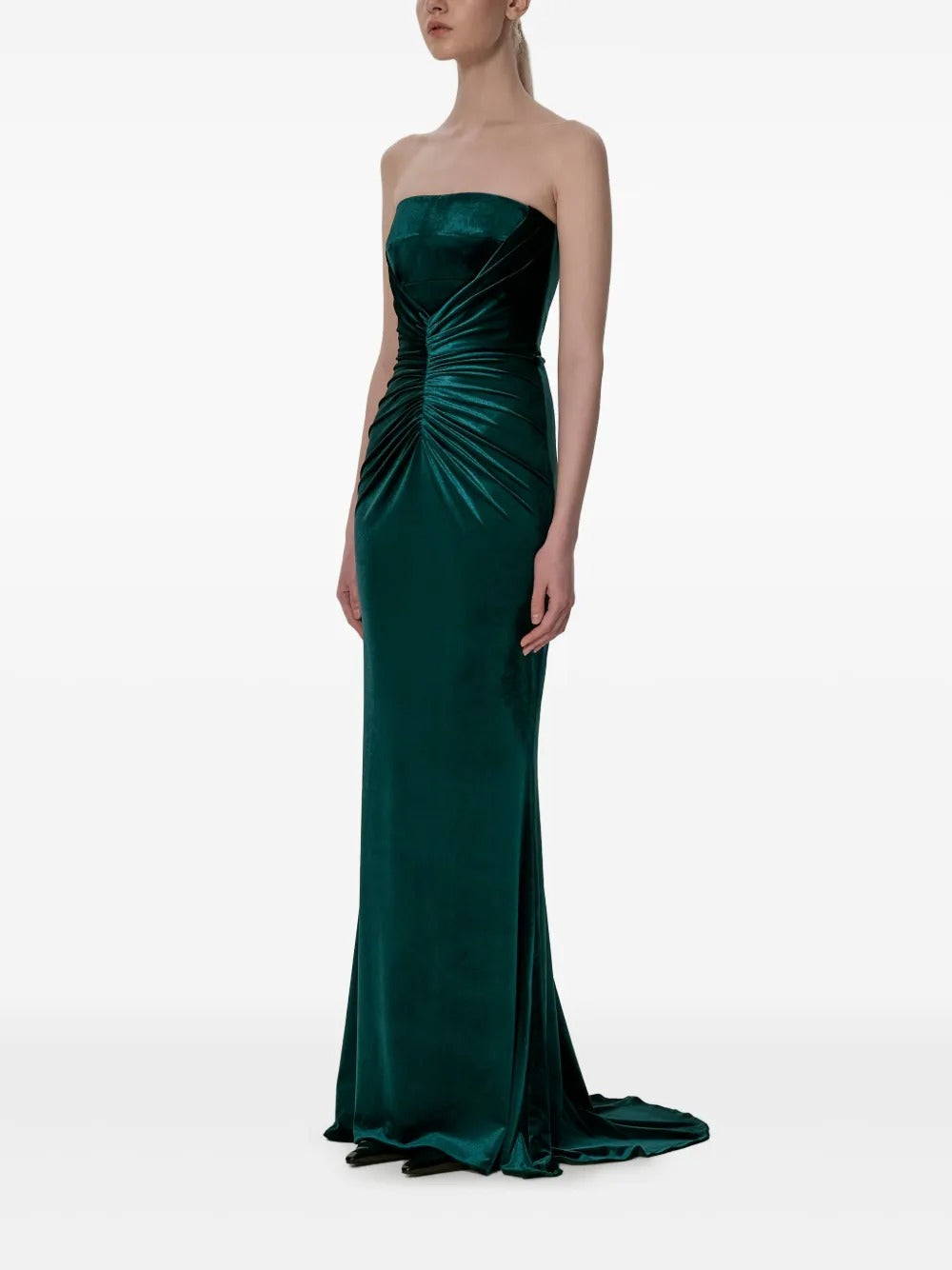 Luxurious Emerald Green Velvet Strapless Ruched Prom Dress