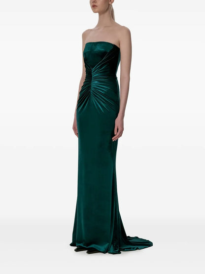 Luxurious Emerald Green Velvet Strapless Ruched Prom Dress