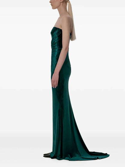 Luxurious Emerald Green Velvet Strapless Ruched Prom Dress