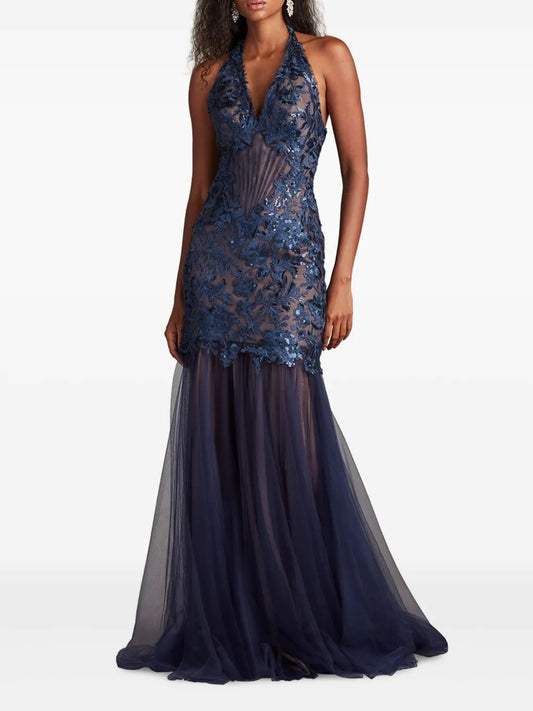 Luxurious Navy Blue Lace Halter-Neck Mermaid Prom Dress