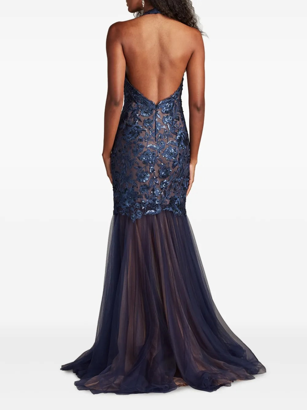 Luxurious Navy Blue Lace Halter-Neck Mermaid Prom Dress