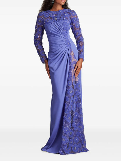 Luxurious Periwinkle Blue Lace & Crepe Prom Dress