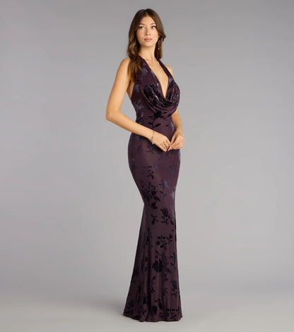 Luxurious Plum Burnout Floral Velvet Halter Cowl Neck Mermaid Prom Dress