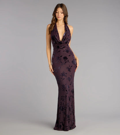 Luxurious Plum Burnout Floral Velvet Halter Cowl Neck Mermaid Prom Dress