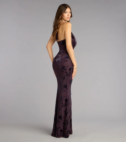 Luxurious Plum Burnout Floral Velvet Halter Cowl Neck Mermaid Prom Dress