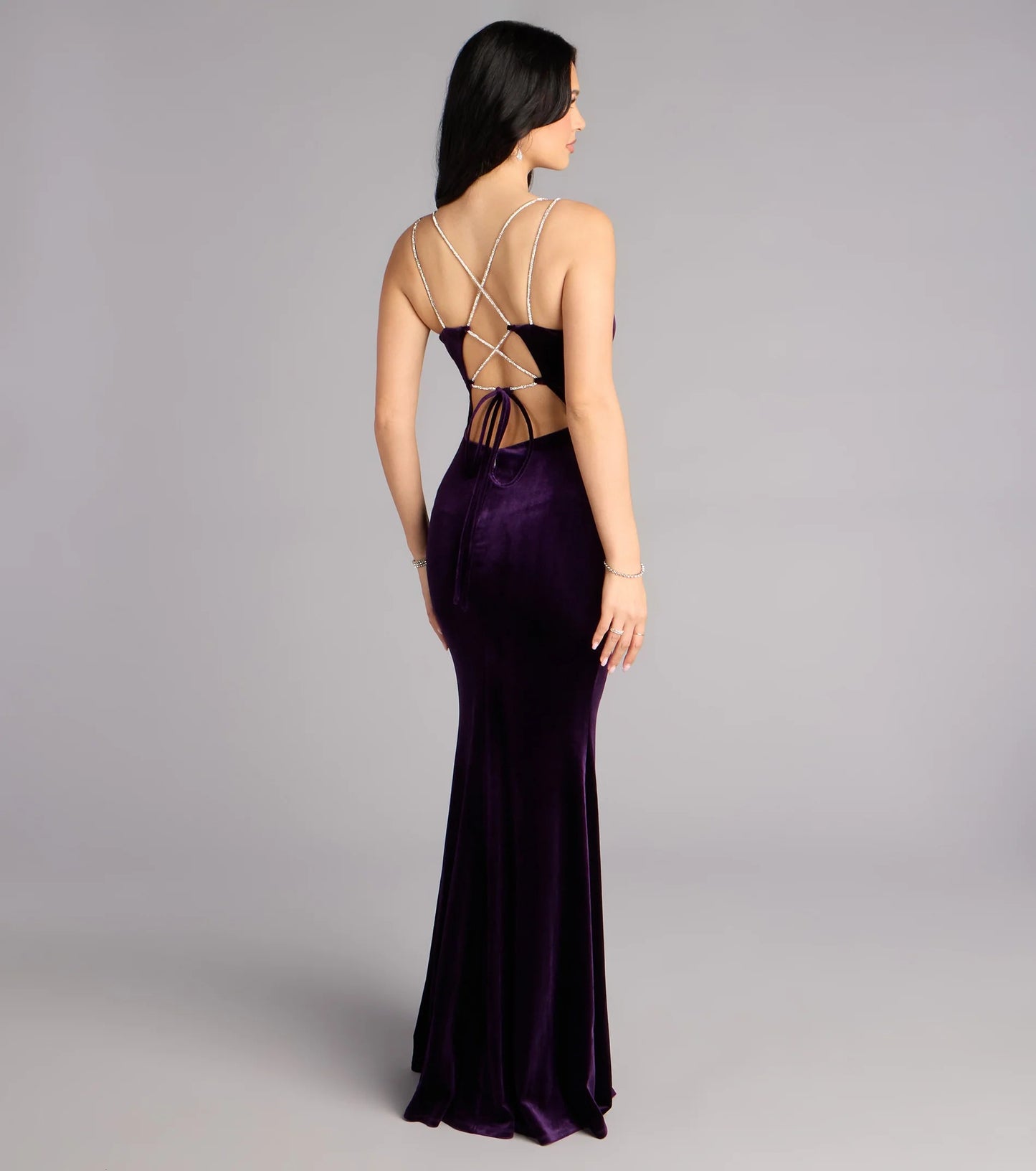Luxurious Plum Velvet Rhinestone Strap Cowl Neck Mermaid Prom Dress