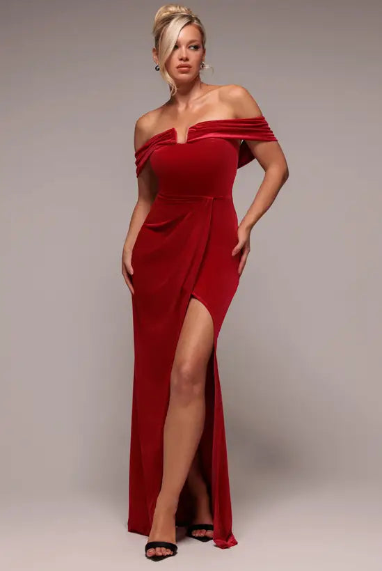Luxurious Ruby Red Velvet Off-the-Shoulder Mermaid Gown with High Side Slit and Ruched Detail, Prom Dress