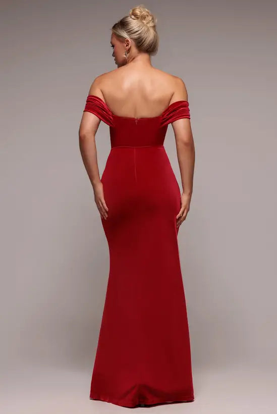 Luxurious Ruby Red Velvet Off-the-Shoulder Mermaid Gown with High Side Slit and Ruched Detail, Prom Dress