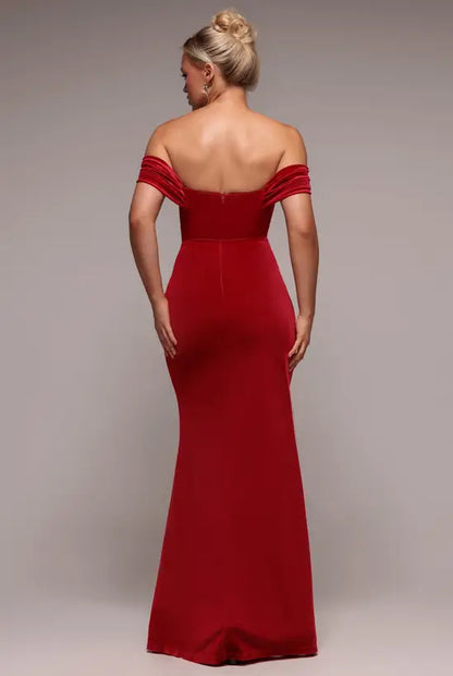 Luxurious Ruby Red Velvet Off-the-Shoulder Mermaid Gown with High Side Slit and Ruched Detail, Prom Dress