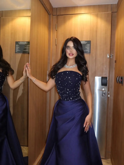Luxurious Strapless Beaded Bodice Satin A-Line Maxi Prom Dress with Dramatic Trailing Train