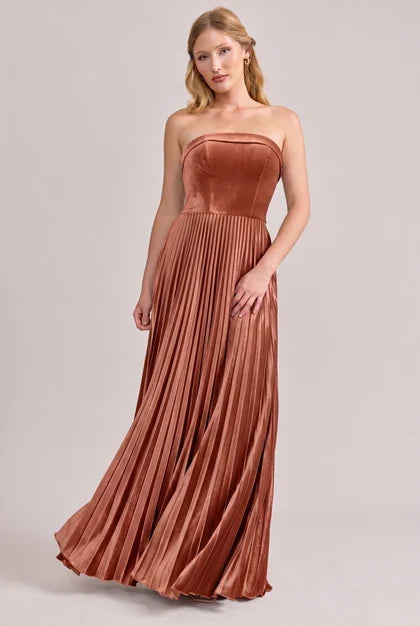 Luxurious A-Line Strapless Sleeveless Pleated Terracotta Floor-Length Bridesmaid Gown