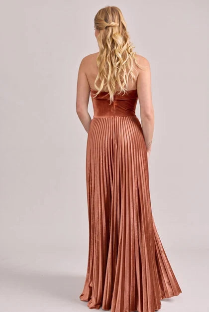 Luxurious A-Line Strapless Sleeveless Pleated Terracotta Floor-Length Bridesmaid Gown