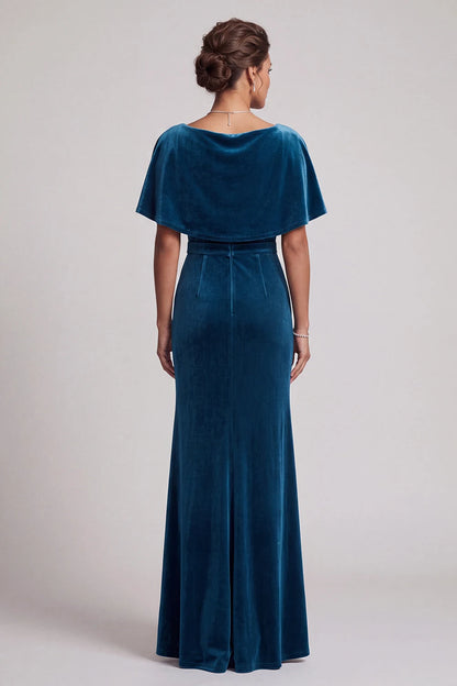 Luxurious Mermaid Cowl Neck Cape Sleeve Beaded Teal Floor-Length Prom Dresses Gown