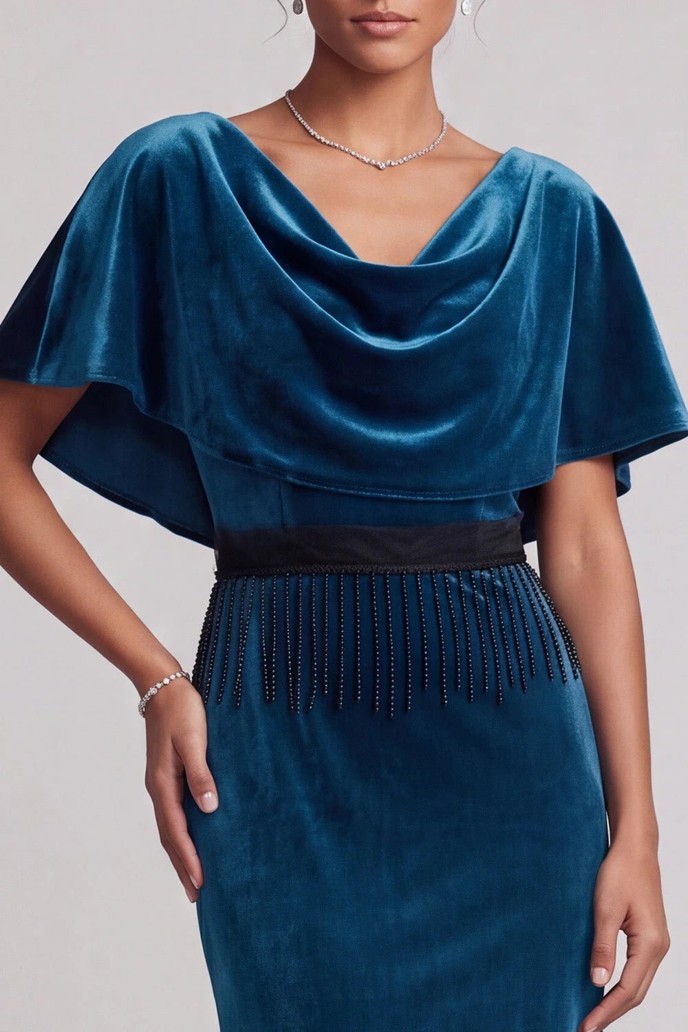 Luxurious Mermaid Cowl Neck Cape Sleeve Beaded Teal Floor-Length Prom Dresses Gown