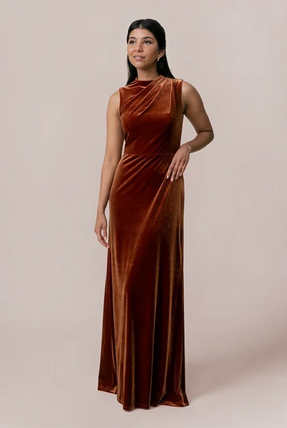 Luxurious Sheath Cowl Neck Sleeveless Glamorous Rust Floor-Length Bridesmaid Dress Women's Gown