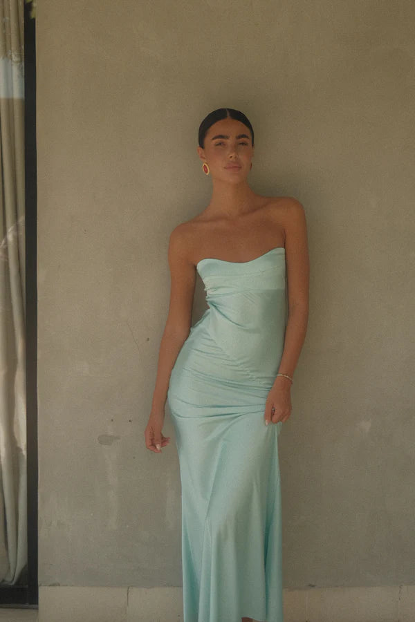 Luxury Aqua Prom Dresses Strapless with Satin Mermaid Silhouette and Keyhole Back